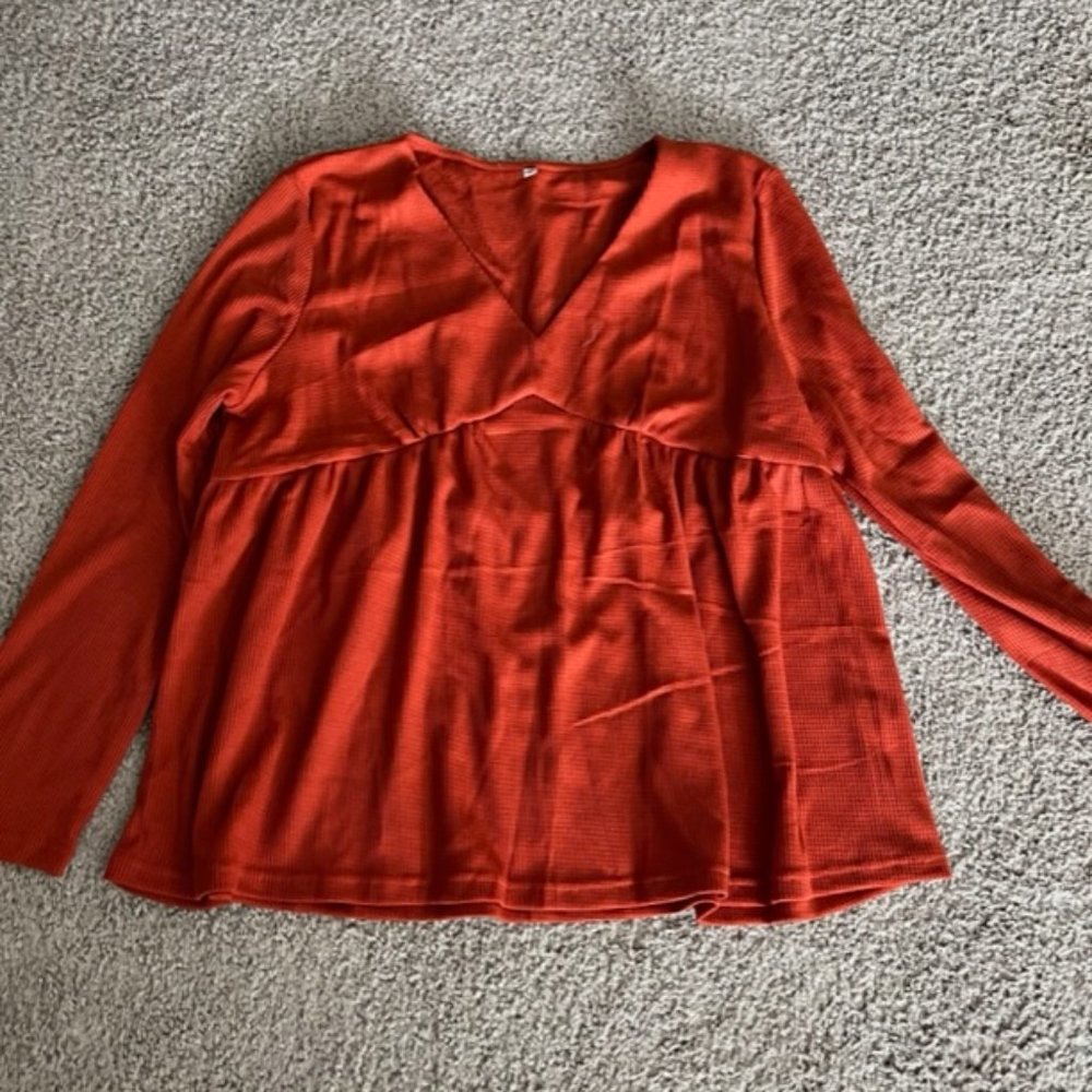 Burnt Orange V Neck Long Sleeve Waffle Top - Brand New
